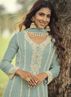 Vegaa Fashion Light-Green Embroiderd Premium Georgette Anarkali Suit | Grocsy