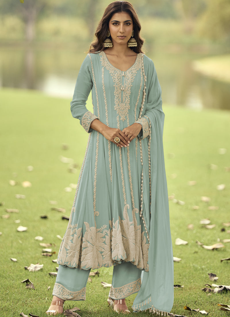 Vegaa Fashion Light-Green Embroiderd Premium Georgette Anarkali Suit | Grocsy