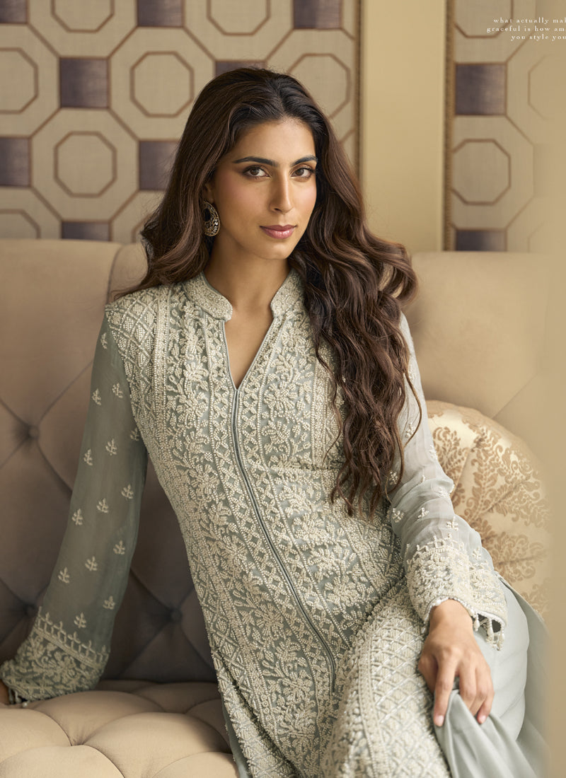 Vegaa Fashion Light Grey Georgette Embroidered Beads Work Palazzo Suit | Grocsy