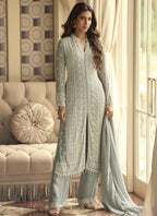 Vegaa Fashion Light Grey Georgette Embroidered Beads Work Palazzo Suit | Grocsy
