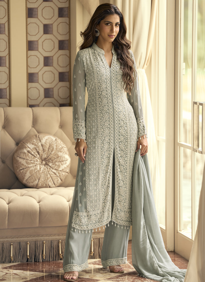 Vegaa Fashion Light Grey Georgette Embroidered Beads Work Palazzo Suit | Grocsy