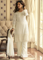 Vegaa Fashion Off White Georgette Embroidered Beads Work Palazzo Suit | Grocsy