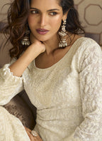 Vegaa Fashion Off White Georgette Embroidered Beads Work Palazzo Suit | Grocsy