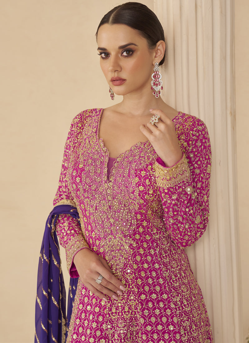 Vegaa Fashion Pink Georgette Embroidered Seroski Zarkan Work Palazzo Suit | Grocsy