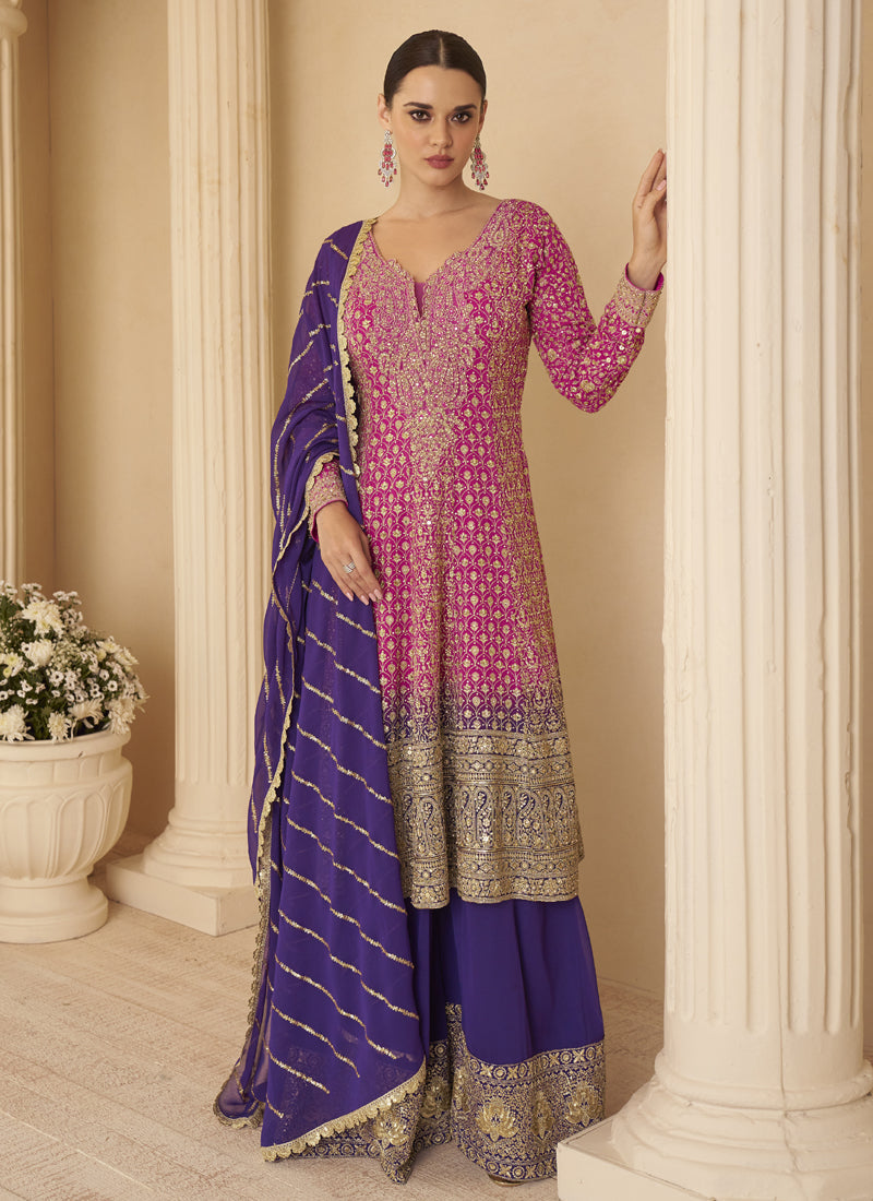 Vegaa Fashion Pink Georgette Embroidered Seroski Zarkan Work Palazzo Suit | Grocsy