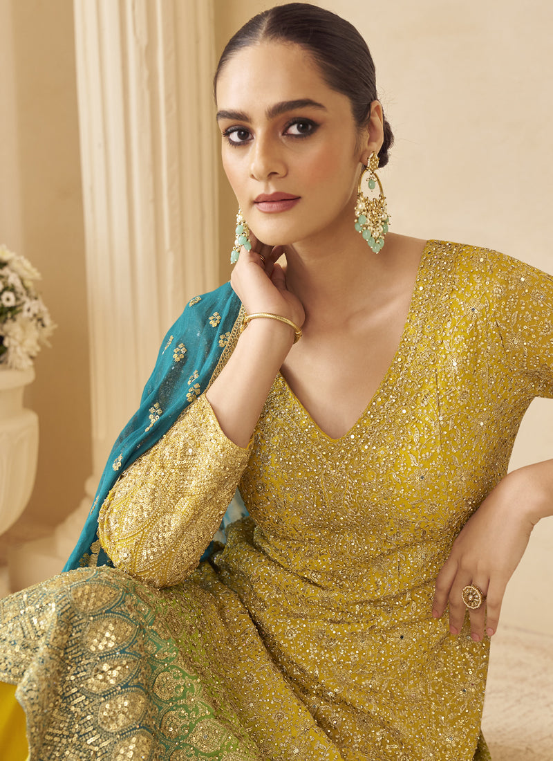 Vegaa Fashion Yellow Georgette Embroidered Seroski Zarkan Work Palazzo Suit | Grocsy