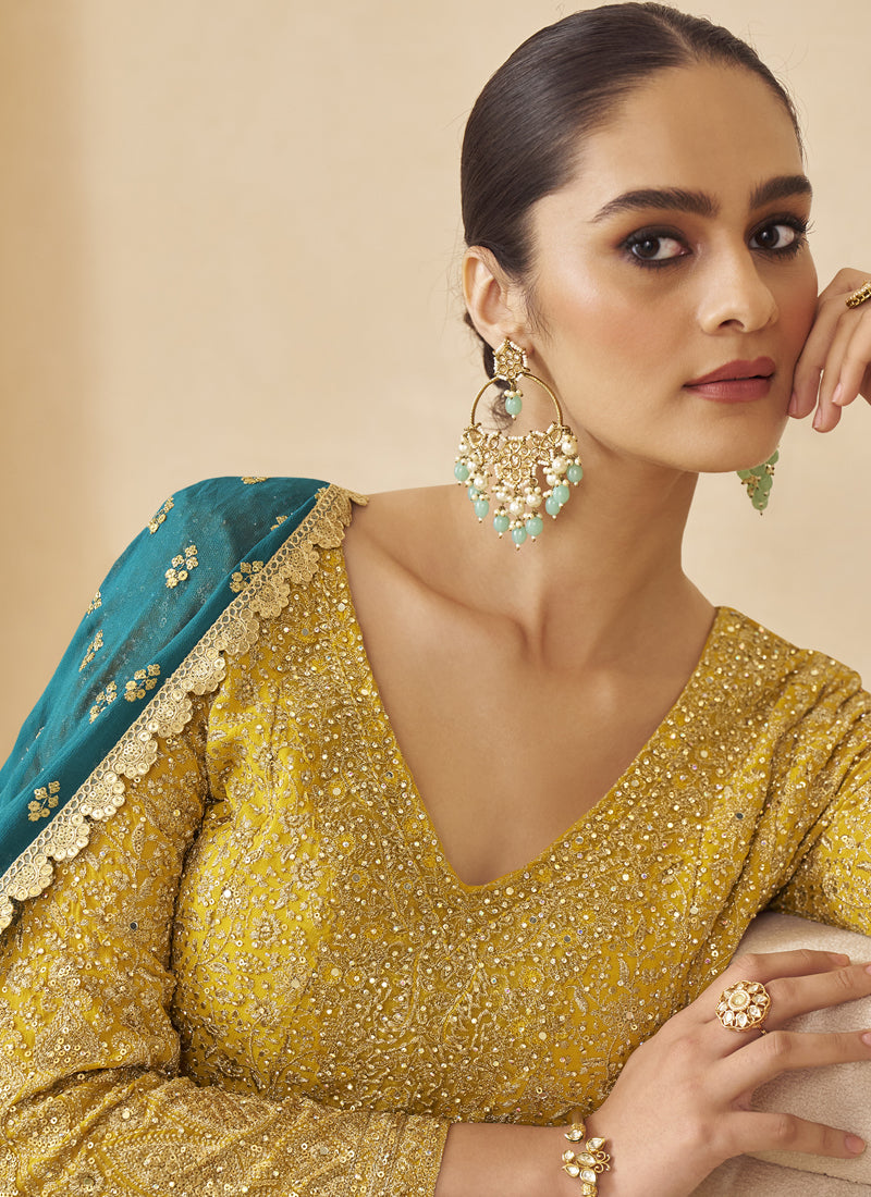 Vegaa Fashion Yellow Georgette Embroidered Seroski Zarkan Work Palazzo Suit | Grocsy