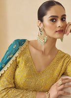 Vegaa Fashion Yellow Georgette Embroidered Seroski Zarkan Work Palazzo Suit | Grocsy