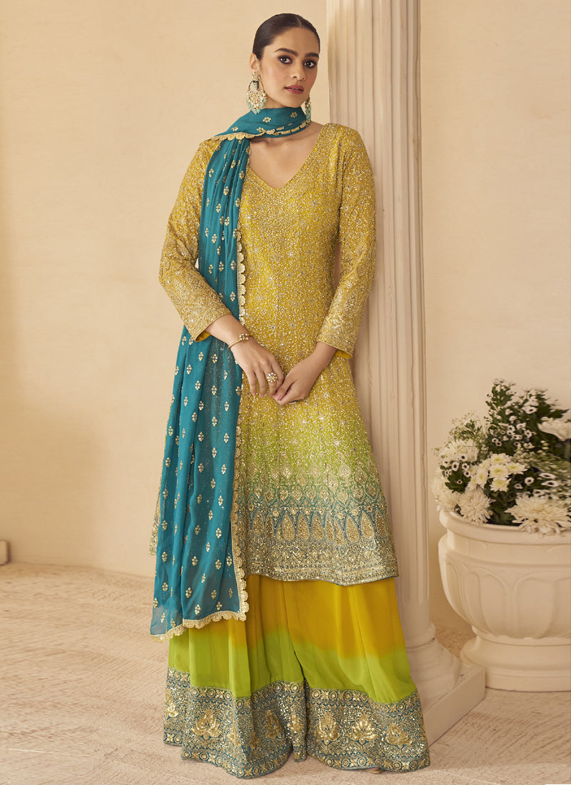 Vegaa Fashion Yellow Georgette Embroidered Seroski Zarkan Work Palazzo Suit | Grocsy