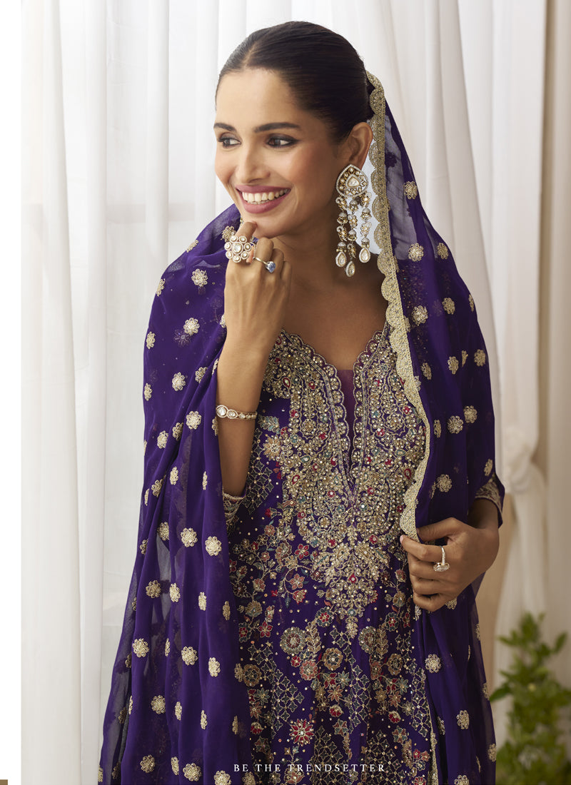 Vegaa Fashion Violet Georgette Embroidered Seroski Zarkan Work Palazzo Suit | Grocsy