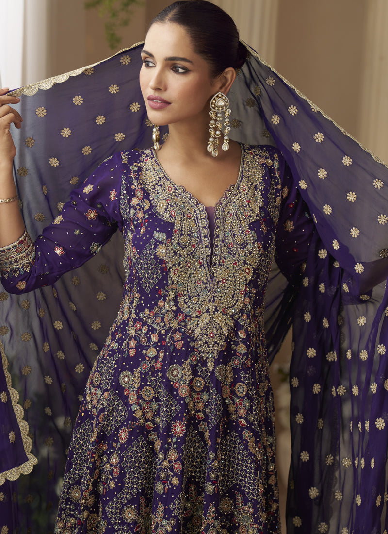 Vegaa Fashion Violet Georgette Embroidered Seroski Zarkan Work Palazzo Suit | Grocsy