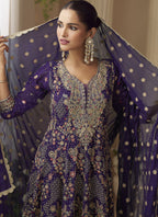 Vegaa Fashion Violet Georgette Embroidered Seroski Zarkan Work Palazzo Suit | Grocsy
