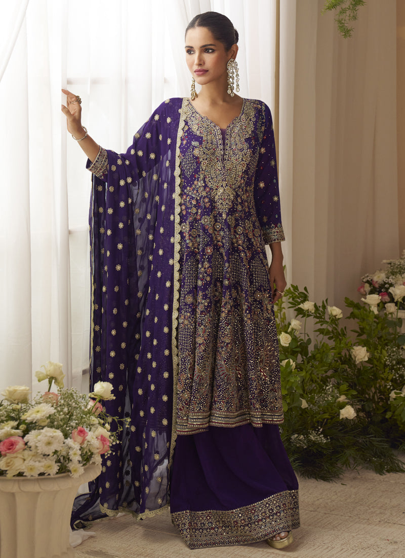 Vegaa Fashion Violet Georgette Embroidered Seroski Zarkan Work Palazzo Suit | Grocsy
