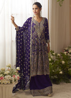 Vegaa Fashion Violet Georgette Embroidered Seroski Zarkan Work Palazzo Suit | Grocsy