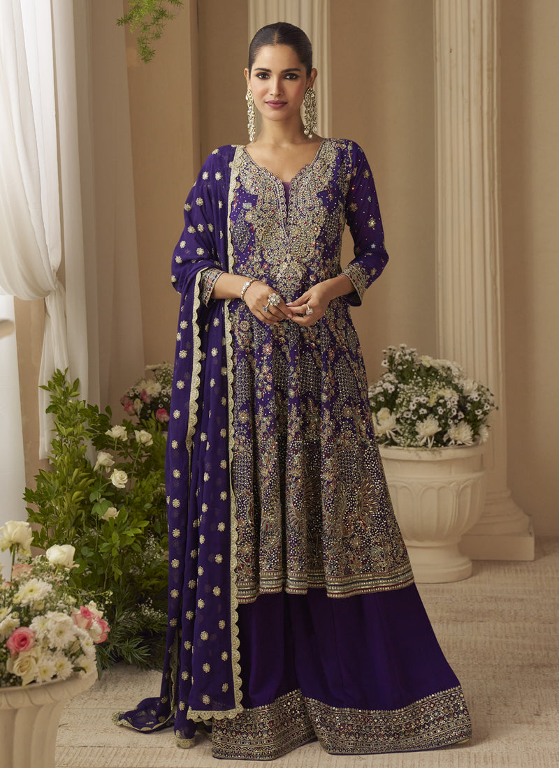 Vegaa Fashion Violet Georgette Embroidered Seroski Zarkan Work Palazzo Suit | Grocsy
