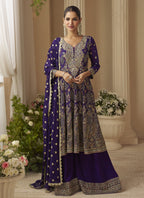 Vegaa Fashion Violet Georgette Embroidered Seroski Zarkan Work Palazzo Suit | Grocsy