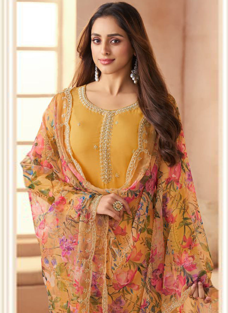Vegaa Fashion Dark-Yellow Soft Chiffon Salwar Suit | Grocsy