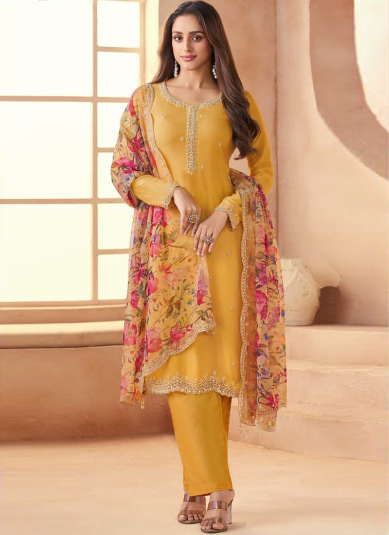 Vegaa Fashion Dark-Yellow Soft Chiffon Salwar Suit | Grocsy