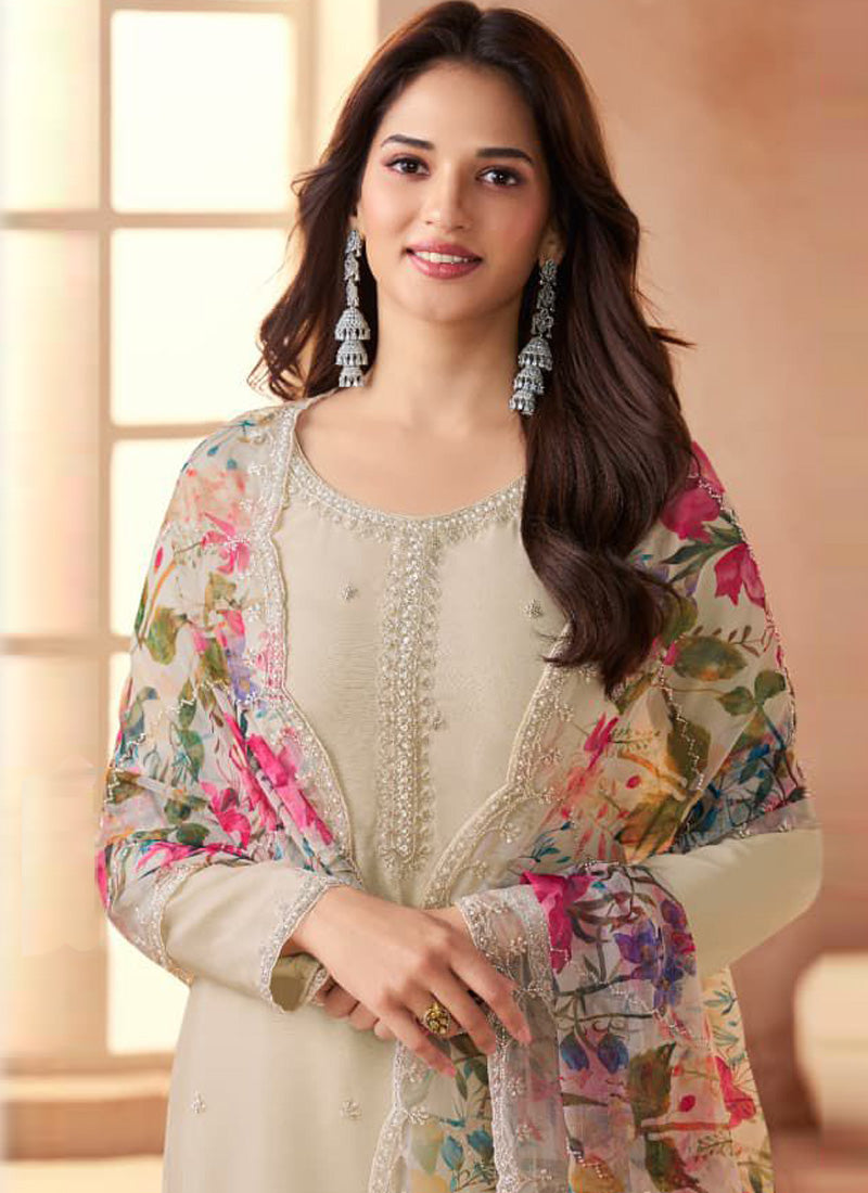 Vegaa Fashion Cream Soft Chiffon Salwar Suit | Grocsy