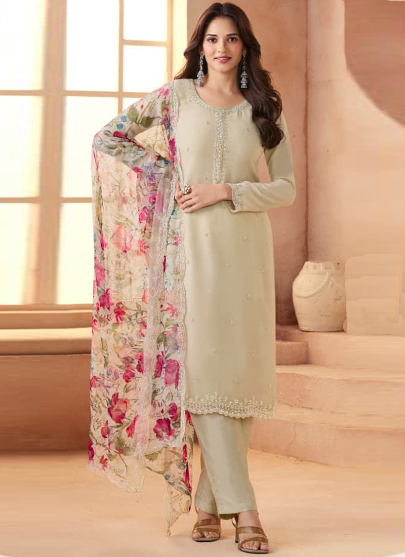 Vegaa Fashion Cream Soft Chiffon Salwar Suit | Grocsy