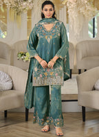 Vegaa Fashion Turquoise Embroidered Roman Silk Salwar Suit | Grocsy