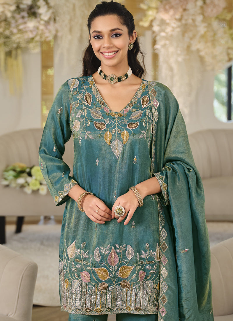 Vegaa Fashion Turquoise Embroidered Roman Silk Salwar Suit | Grocsy
