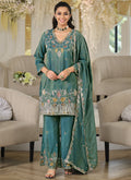 Vegaa Fashion Turquoise Embroidered Roman Silk Salwar Suit | Grocsy