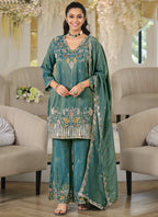 Vegaa Fashion Turquoise Embroidered Roman Silk Salwar Suit | Grocsy