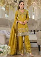 Vegaa Fashion Mustard Embroidered Roman Silk Salwar Suit | Grocsy