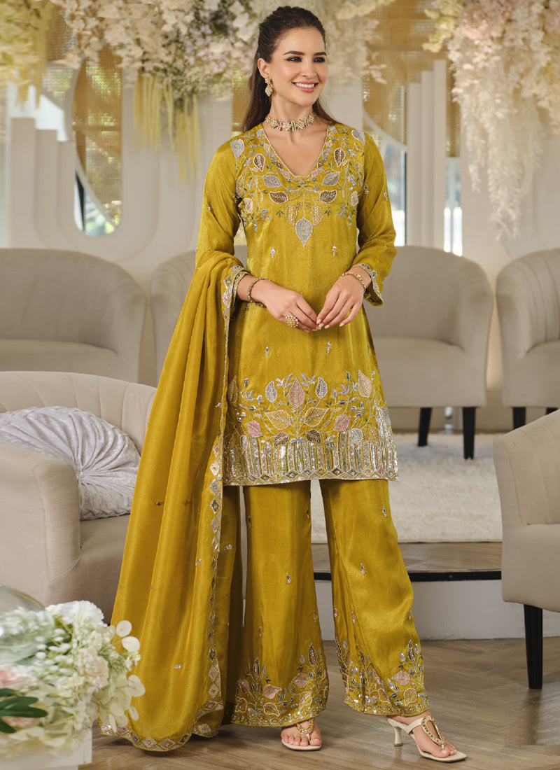 Vegaa Fashion Mustard Embroidered Roman Silk Salwar Suit | Grocsy