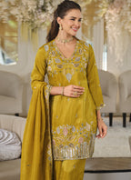 Vegaa Fashion Mustard Embroidered Roman Silk Salwar Suit | Grocsy