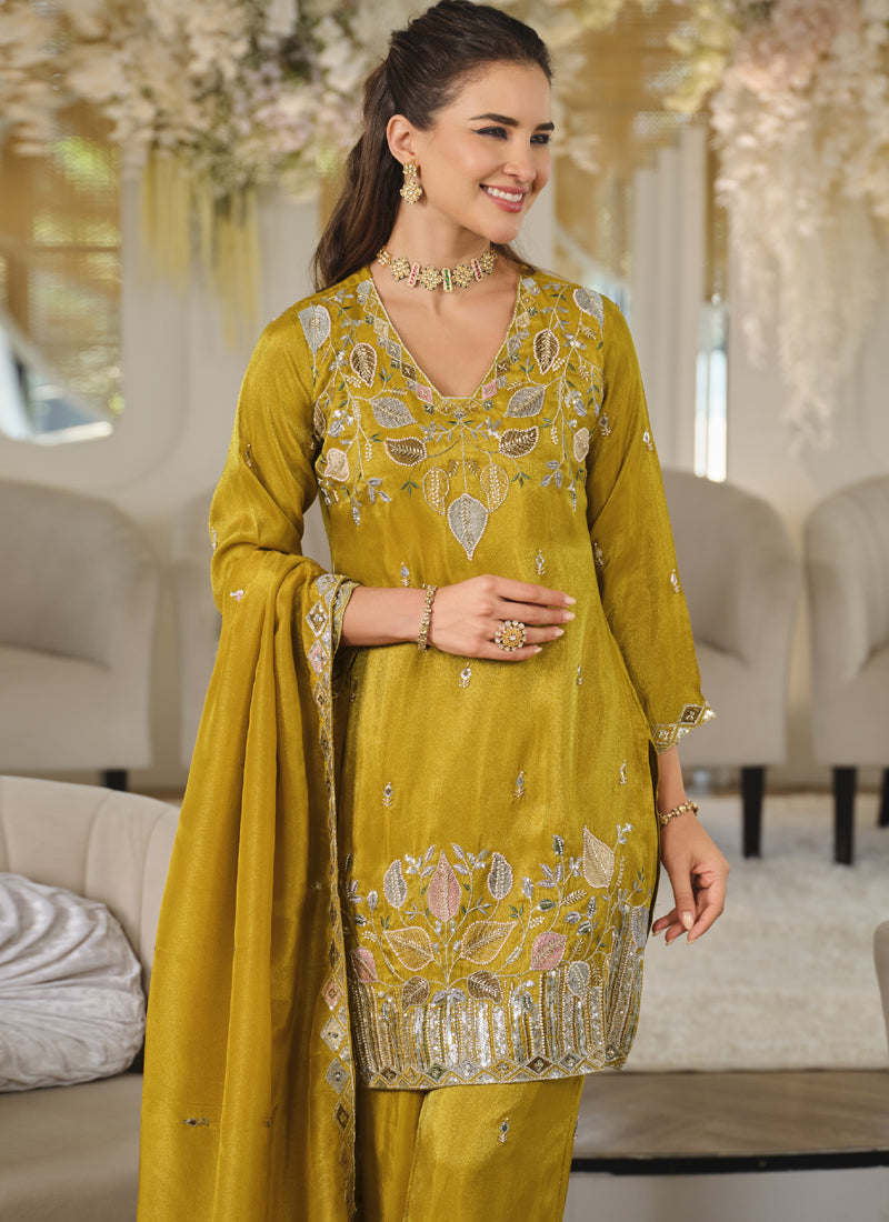 Vegaa Fashion Mustard Embroidered Roman Silk Salwar Suit | Grocsy