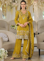 Vegaa Fashion Mustard Embroidered Roman Silk Salwar Suit | Grocsy