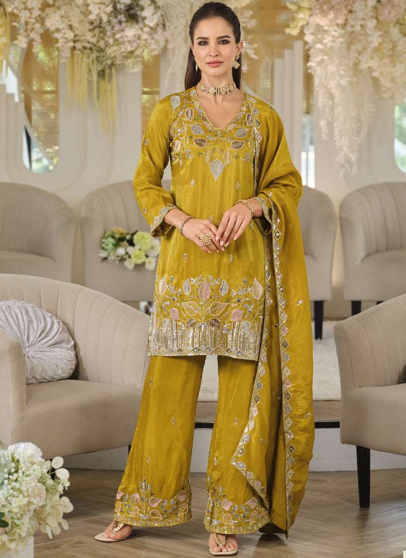 Vegaa Fashion Mustard Embroidered Roman Silk Salwar Suit | Grocsy
