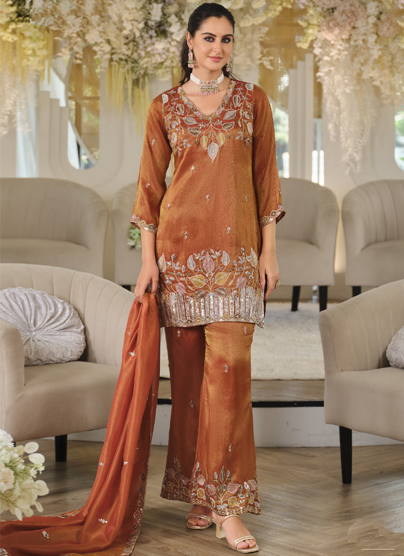 Vegaa Fashion Orange Embroidered Roman Silk Salwar Suit | Grocsy