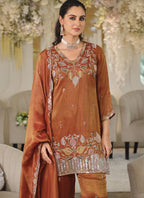 Vegaa Fashion Orange Embroidered Roman Silk Salwar Suit | Grocsy