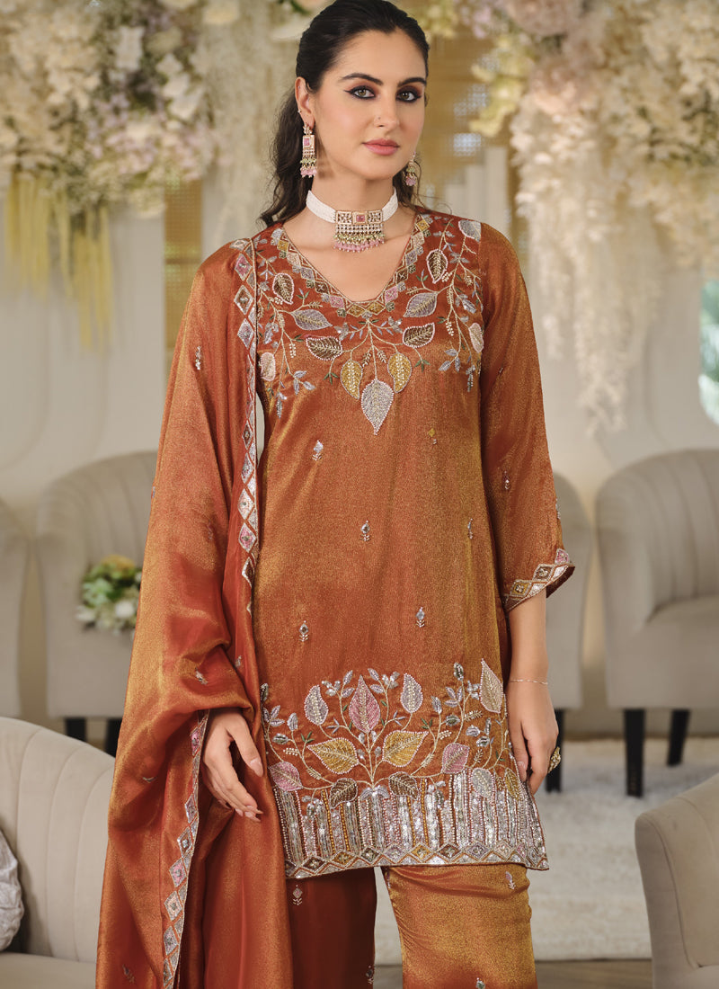 Vegaa Fashion Orange Embroidered Roman Silk Salwar Suit | Grocsy