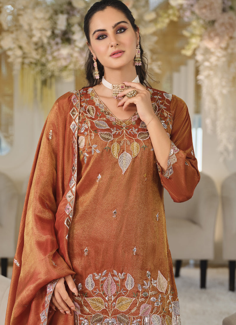 Vegaa Fashion Orange Embroidered Roman Silk Salwar Suit | Grocsy