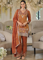 Vegaa Fashion Orange Embroidered Roman Silk Salwar Suit | Grocsy