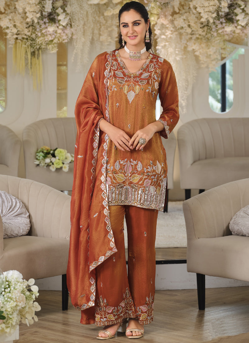 Vegaa Fashion Orange Embroidered Roman Silk Salwar Suit | Grocsy
