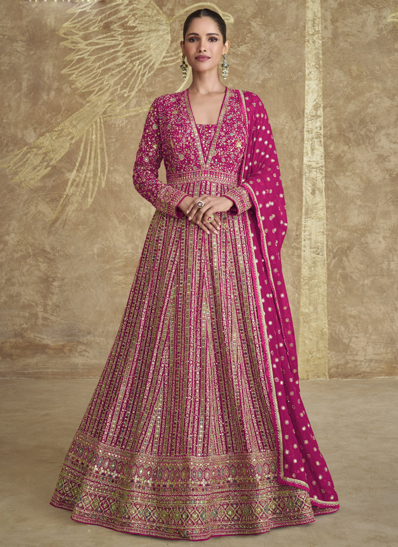 Vegaa Fashion Pink Real Georgette Embroidered Anarkali Suit | Grocsy