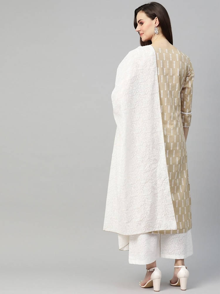 Yufta Women Beige & White Printed Kurta with Palazzo & Dupatta | Grocsy