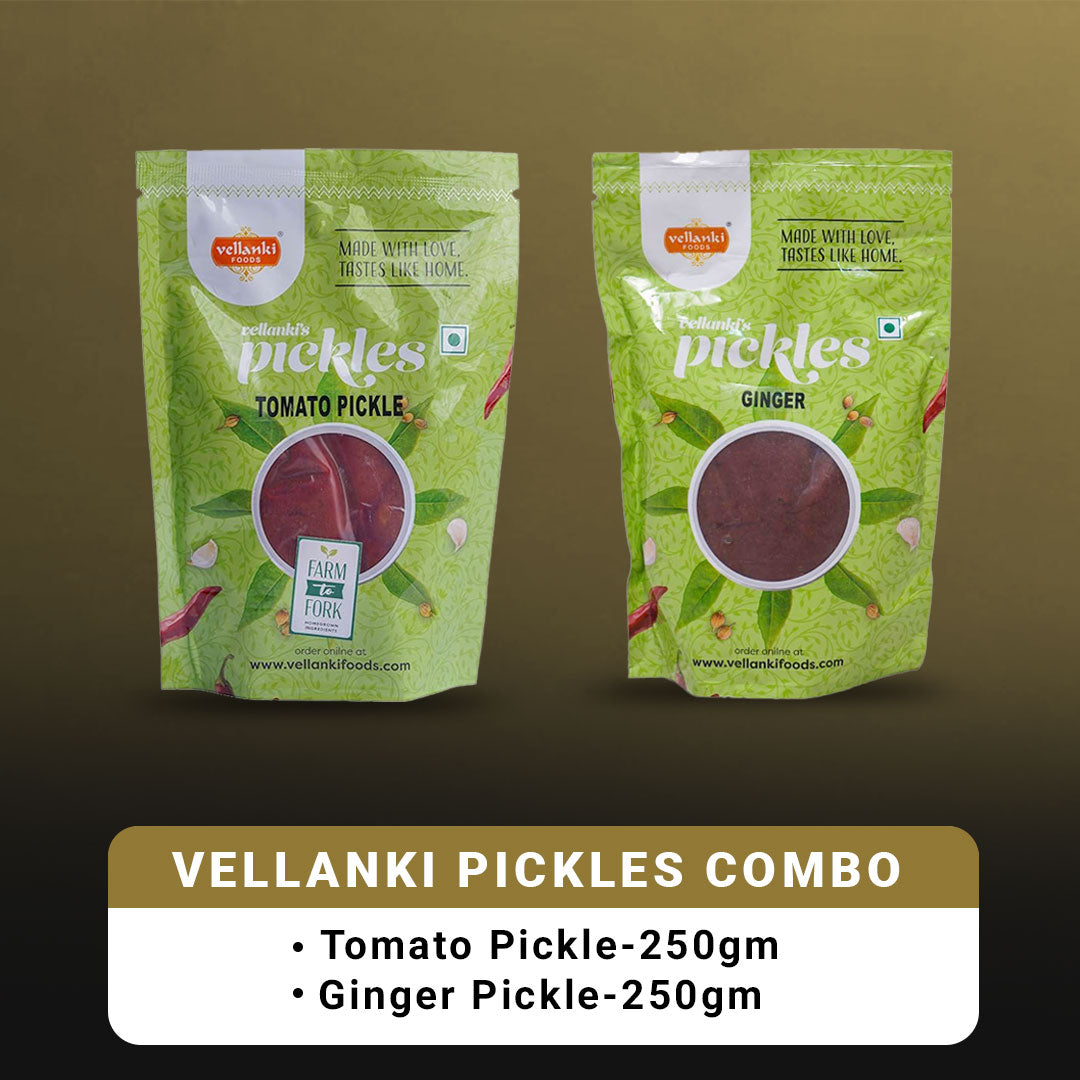 Vellanki Foods Andhra Pickles Combo Pack (250 gm Each) - Ginger Pickle,Tomato Pickle | Grocsy