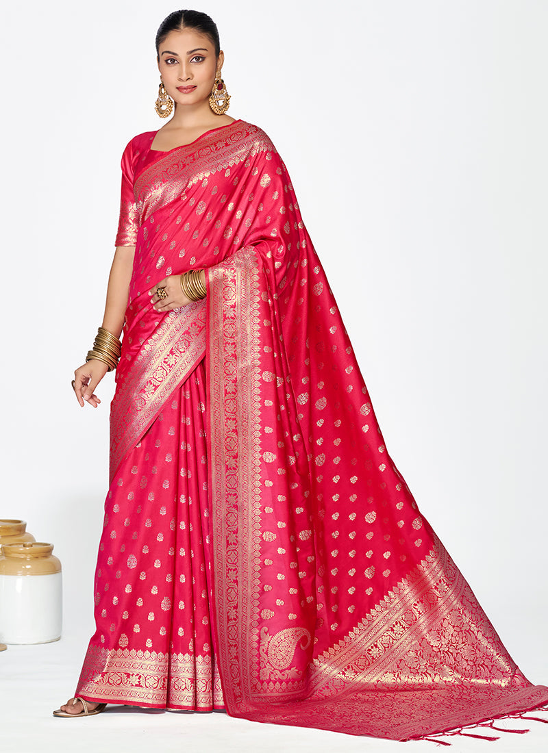 Vellora Rani Pink Premium Banarasi Silk Saree with Rich Golden Zari | Grocsy