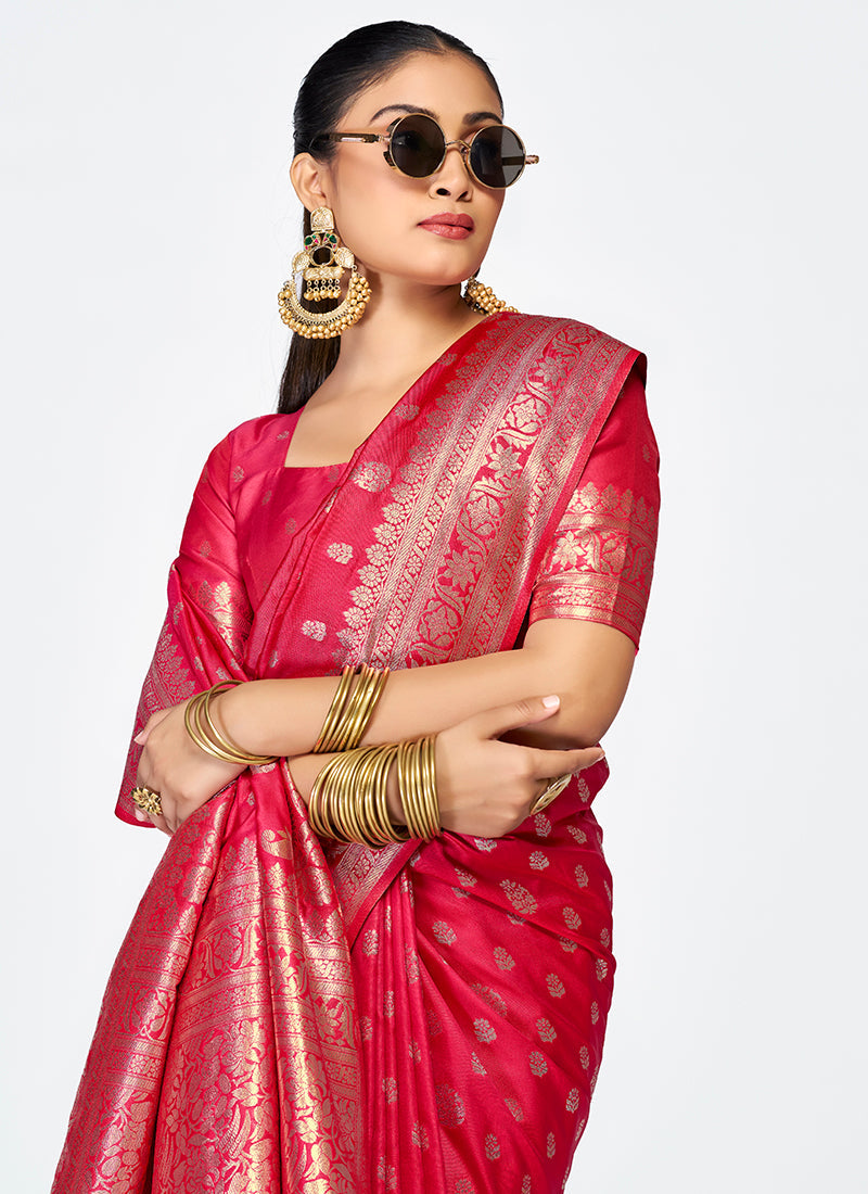 Vellora Rani Pink Premium Banarasi Silk Saree with Rich Golden Zari | Grocsy