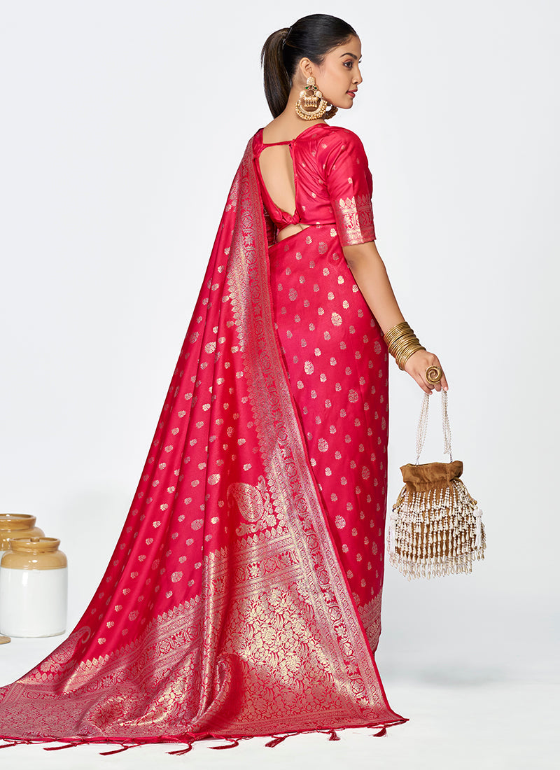 Vellora Rani Pink Premium Banarasi Silk Saree with Rich Golden Zari | Grocsy