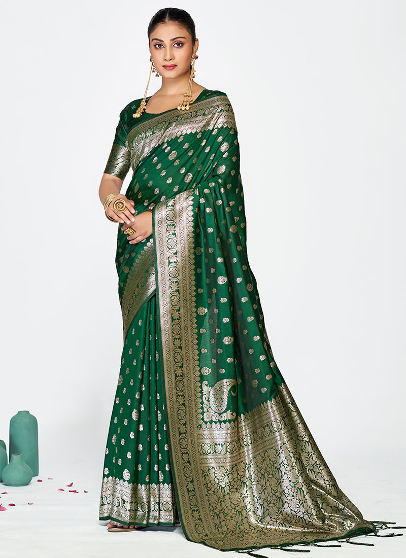 Vellora Emerald Green Banarasi Silk Saree with Antique Golden Zari | Grocsy
