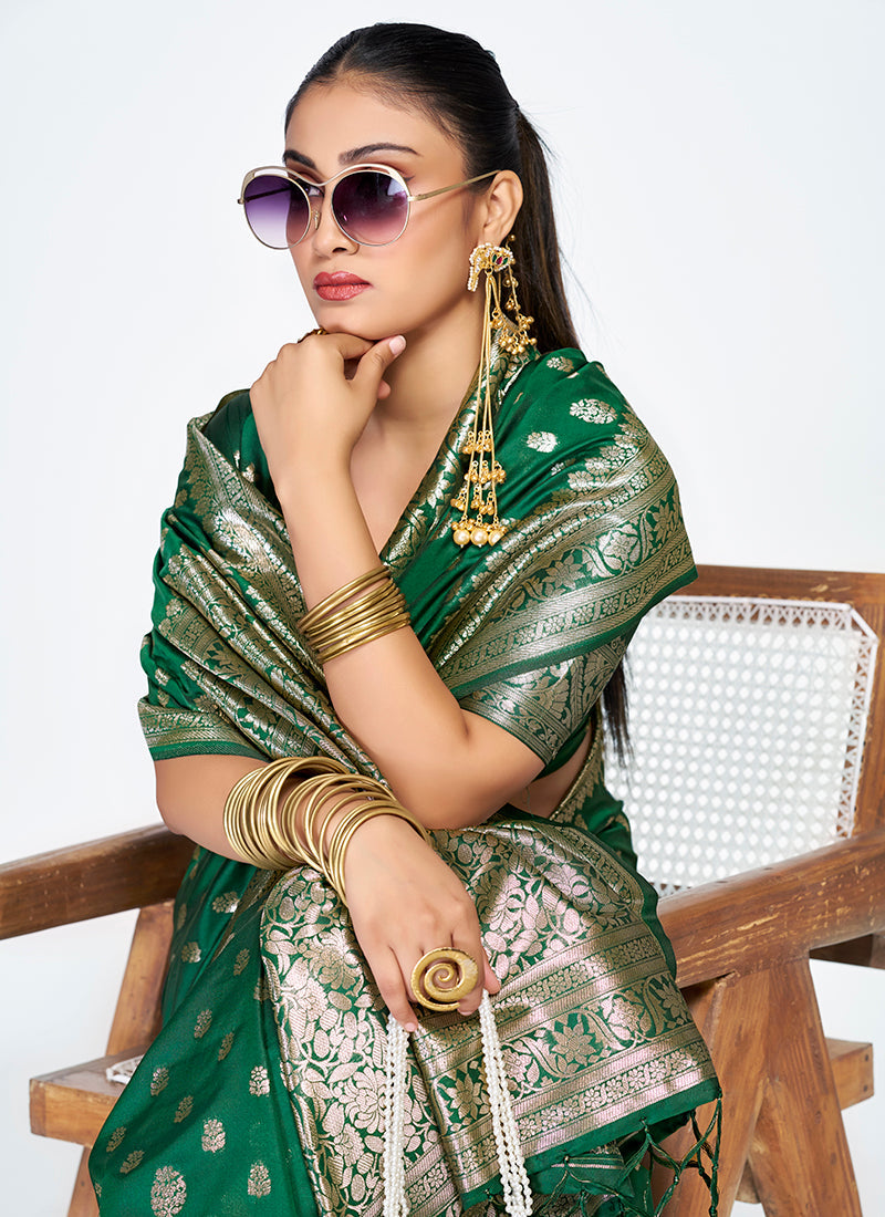 Vellora Emerald Green Banarasi Silk Saree with Antique Golden Zari | Grocsy