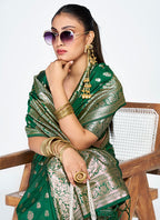 Vellora Emerald Green Banarasi Silk Saree with Antique Golden Zari | Grocsy