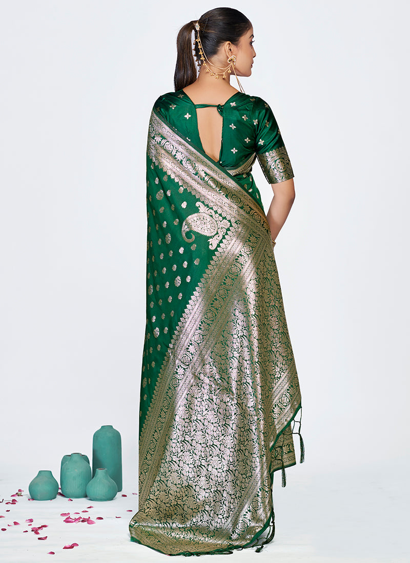 Vellora Emerald Green Banarasi Silk Saree with Antique Golden Zari | Grocsy